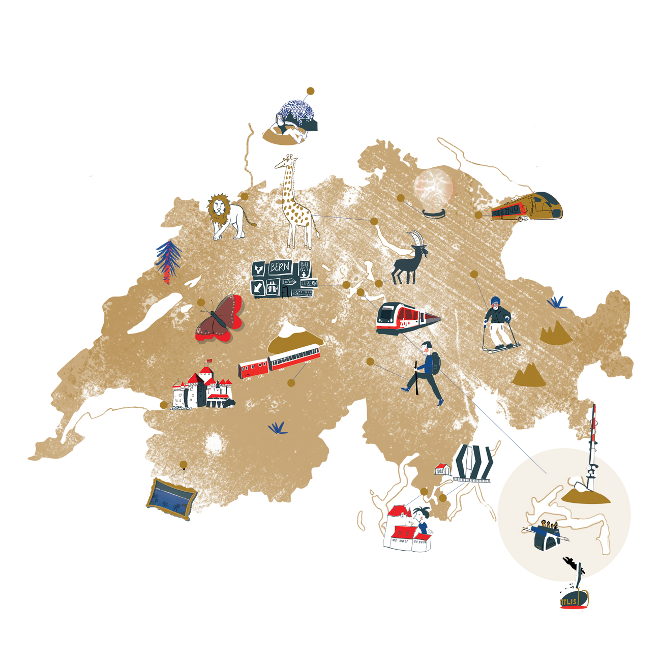 Carte touristique illustrée suisse dessin Railaway